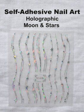 Holographic Moon Stars Curvy Lines 3D Nail Art Sticker Self‑Adhesive Aurora Silv